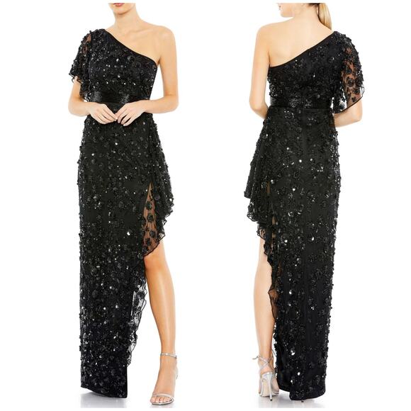 Mac Duggal NWT One Shoulder Beaded Embellished Gown Asymmetrical Black Size 4 - Picture 1 of 9